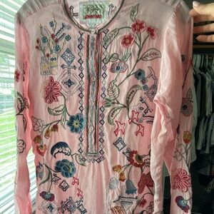 Johnny Was Biya Long Sleeve Pink Embroidered Dress Small